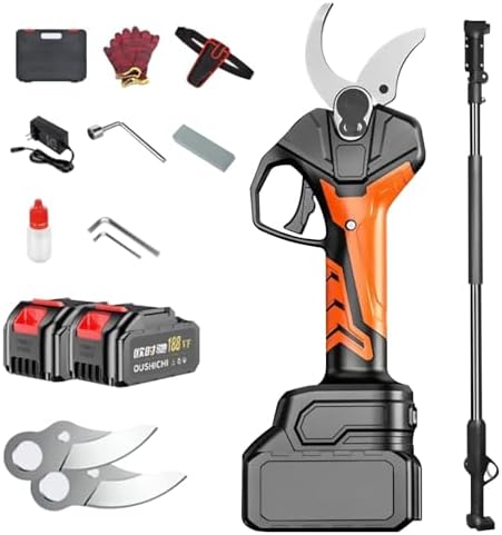 Electric Cordless Pruning Shears 980W, Lithium Brushless with 2.8M Extension Pole, 70mm Cutting Diameter, Ideal for Pruning Fruit Trees and Vineyards, 2 Batteries Included