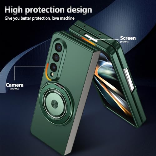 Image of Rugged Phone Case for Samsung Z Fold 4 Case with Ring Magnetic Fits Wireless Charger, 2 in 1 Soft TPU and Hard PC Cover Samsung Galaxy Z Fold 4 Case Shockproof Blue (Green)