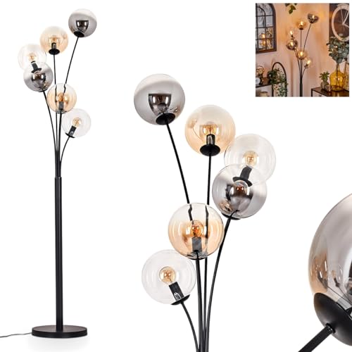 Lampadaire Gastor, lampadaire en métal/verre noir/fumée/ambre/clair, luminaire design rétro/vintage avec abat-jour en verre (Ø 15 cm) et interrupteur à...