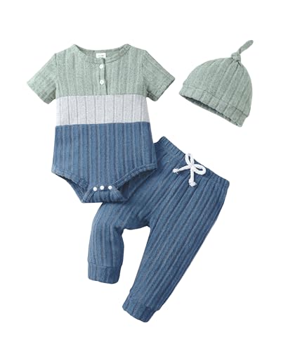 Image of Renotemy Preemie Newborn Boy Summer Clothes Gift Short Sleeve Button Romper Baby Boys Bodysuit Long Pants Outfit Set with Hat