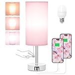 Hong-in Pink Bedside Lamp - 3 Color Modes, Small Lamp with USB-C and USB-A Charging Ports, Pull Chain, Nightstand Light for Bedroom, Office, Kids Room (Bulb Included)