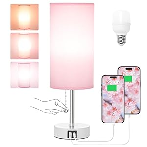 Hong-in Pink Bedside Lamp – 3 Color Modes, Small Lamp with USB-C and USB-A Charging Ports, Pull Chain, Nightstand Light for Bedroom, Office, Kids Room (Bulb Included)