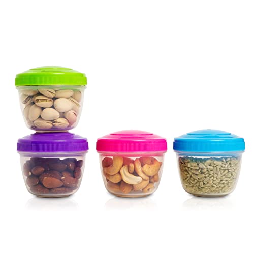 Snack Containers (4 Set) - 4.75 Oz Small Food Storage Cups With Lids - Fruit, Nuts, Sauce, Condiments, Salad Container For Lunch Box - Reusable Dessert Cups, Microwave And Freezer Friendly, Bpa-Free (S/4 Multi) #TOP4