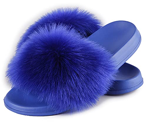 Image of Women's Faux Fur Slides, Open Toe Cute Fur Slippers, Indoor or Outdoor Comfortable Furry Slide Sandals With Fluffy Fur