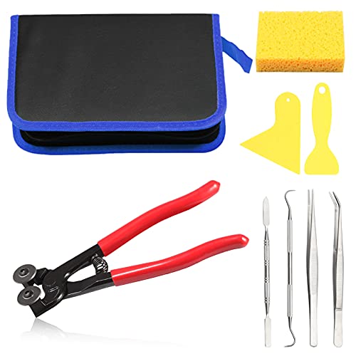 LEONTOOL Mosaic Tools Set, Heavy Duty Glass Mosaic Cutter Kit, Tile Nippers with 2 Scrapers, 2 Tweezers, Double-Ended Hook, Spatula, Sponge and Storage Pouch