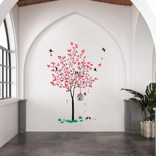 Decal O Decal PVC Vinyl Tree with Birds & Nest Botanical Wall Stickers(Pink,120X90cms),Self-Adhesive