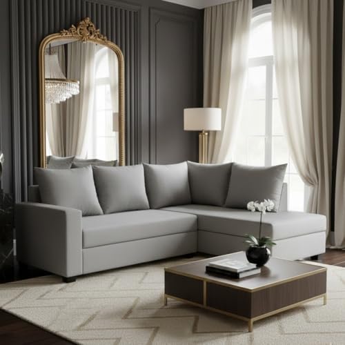 Image of FURNY Gloria 4 Seater Fabric RHS L Shape Sofa Set (Light Grey) Premium Velvet Finish | Durable Comfort | Ideal for Living Room