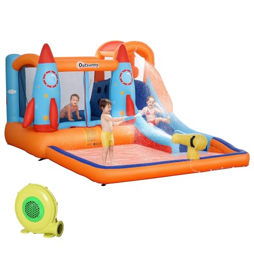 Outsunny Castello Gonfiabile per Bambini Piscina con Scivolo e Trampolino, Pompa Elettrica, 350x250x185cm, Multicolore