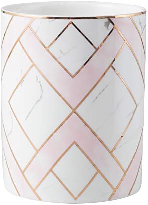 YOSCO Ceramic Round Pen Holder Stand Golden Line Pencil Cup Pot Desk Organizer Makeup Brush Holder (Pink-Square)