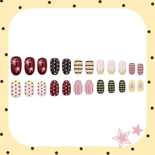 Image of Chocolate Stripe Press on NailsPolka Dot Nail Press ons Medium Oval Fake Nails with Retro Design Reusable Glossy Full Cover Stick on Nail for Women Manicure 24Pcs