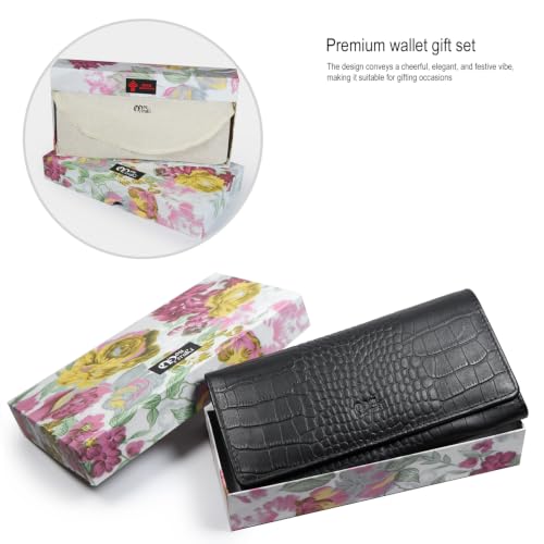 Image of Women's Top Grain Leather Wallet, RFID Blocking Bifold clutch, 17 Card Slots, Zip Pocket Organizer, Elegant Gift for Women - Birthday, Valentine, Anniversary - Croco Black