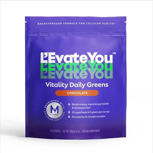 LEvate You Vitality Daily Greens Powder (28 Servings) 30 Superfoods 9 Greens - for a Cellular Energy Boost Powered by M-Charge Complex for All Day Energy (Chocolate)