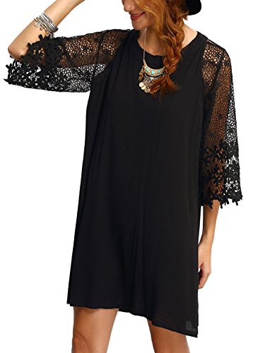 Makemechic Women's Casual Crewneck Half Sleeve Summer Chiffon Tunic Dress Black M #TOP1