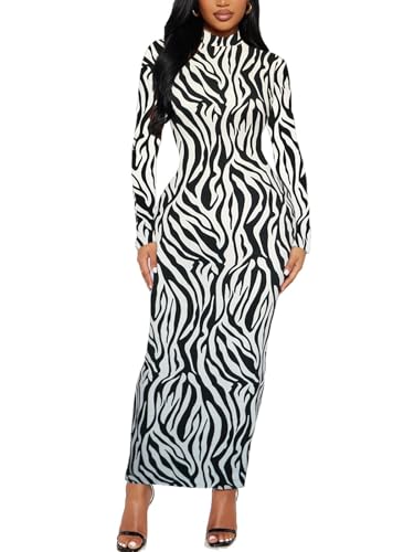 Langärmeliges figurbetontes Damenkleid, Maxi-Kleid, Stehkragen, Herbst, Winter, lässig, Club, Party, T-Shirts, enge Kleider, Zebra, 3X-Groß