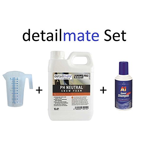 Set ValetPro Snow Foam pH neutre 1 litre + gobelet doseur Detailmate 250 ml + Speed Shampooing A1 Dr.Wack 500 ml Shampoing auto pour lavage de voiture.