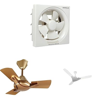 Havells Ventil Air DX 200mm Exhaust Fan (White) & 200mm Ceiling Fan (Pearl White Silver) & High Performance at Low Voltage (HPLV) Ceiling Fan (Bronze Copper)