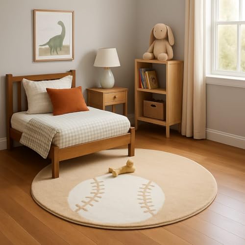 Image of Modern Shaggy Round Rug | Ultra-Soft Plush Circle Carpet for Living Room, Bedroom, Nursery | Fuzzy, Fluffy Area Rug with Non-Slip Base Beige Double Ball 4x4 feet