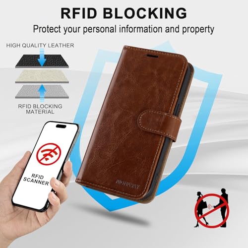 Image of MONASAY Vegan Leather Fit for iPhone-14 /13 5G Wallet Case, 6.1-inch, [Glass Screen Protector Included] [RFID Blocking] Flip Folio Phone Cover with Credit Card Holder,Brown