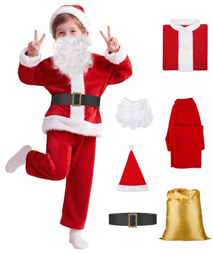 PSISABALL Kids Santa Costume Deluxe Santa Suit 6PCS Complete Santa Costume Kids for Boys Girls Christmas Cosplay Party