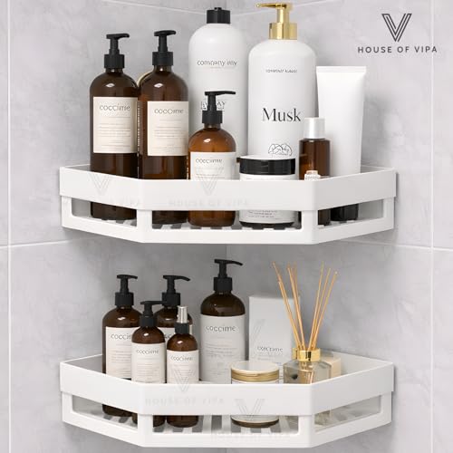 Image of No Drill Bathroom Corner Shelf Organizer | Wall Mounted Plastic Corner Rack for Bathroom & Kitchen | 2-Tier Shelves with 4 Hooks & 2 Soap Dishes | Rustproof, Heavy Duty Storage | White (Set of 2)