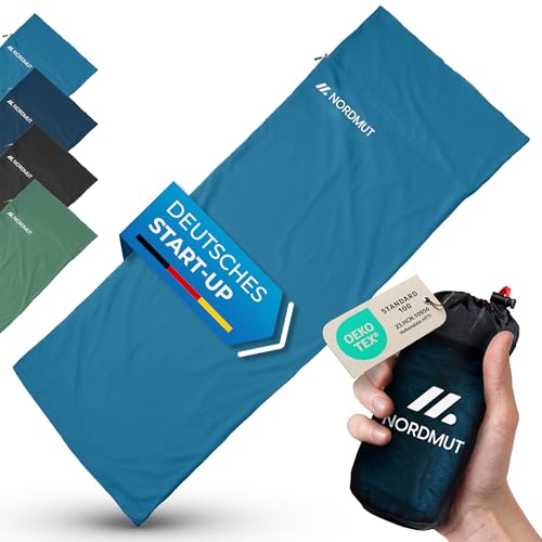 NORDMUT® Hüttenschlafsack Baumwolle Ultraleicht - Sommerschlafsack Kleines Packmaß & Atmungsaktiv - Schlafsack Dünn & besonders weich inkl. Kissenfach [220 x 90 cm] 1