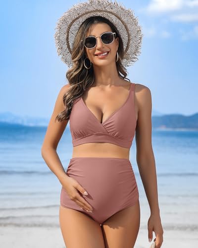 Charmo High Waisted Maternity Swimsuit Bikini Set V Neck Pregnancy Bathing Suits Push Up Two Piece Swimwear2