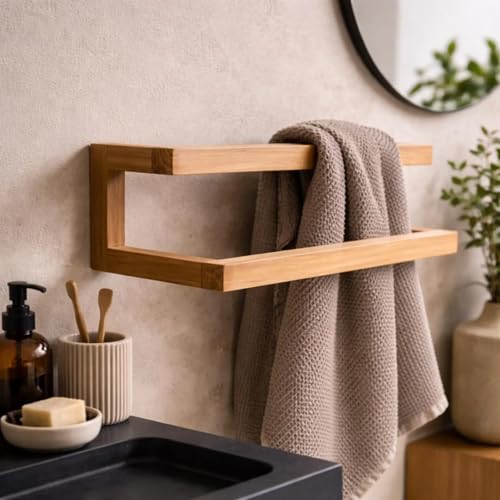 Image of Wooden Wall Shelves with Towel Holder, Wall-Mounted Bathroom Storage Rack, Wooden Shelves and Wooden Towel Stand Shelves for Bathroom Towel Stand Bathroom Shelves (Only Towel Holder)