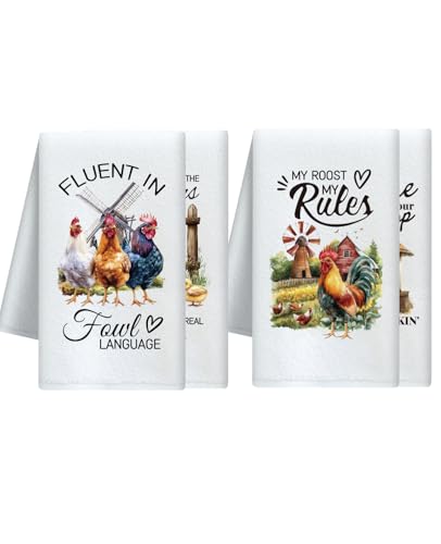 CUTHOLLOW Set de 4 Torchon Cuisine Motif Coq de Ferme, Microfibre Douce et Absorbante, Torchons de Cuisine Décoratifs Originaux, Kitchen Towels pour Anniversaire Cadeau, Thé, Café, Bar