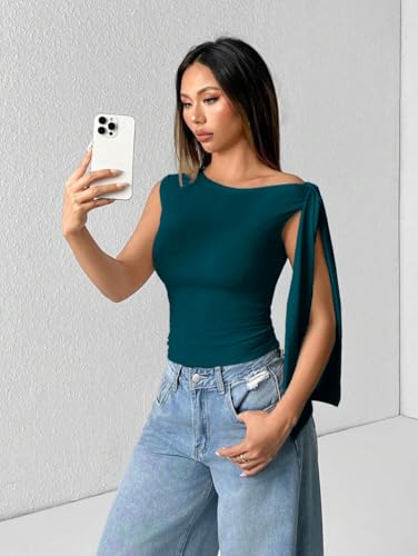 Image of TIVANTE Solid Asymmetrical Shoulder Tie Strap Crop Top for Women