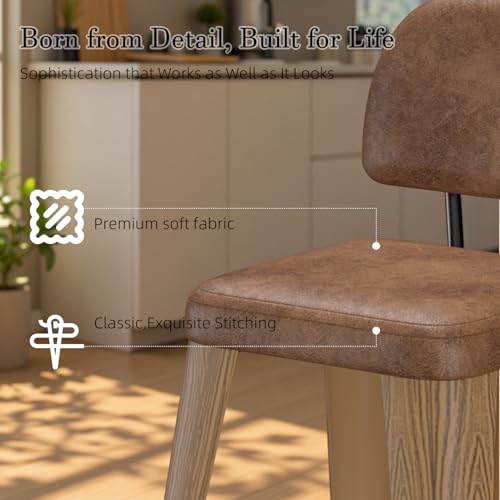 Image of 24 Inch Metal Bar stools Set of 4, Upholstered Counter Height Bar Stools with Removable Back & Metal Legs, Industrial Barstools for Kitchen Island, Cafe (Camel Seat, Wood-Grain Legs)