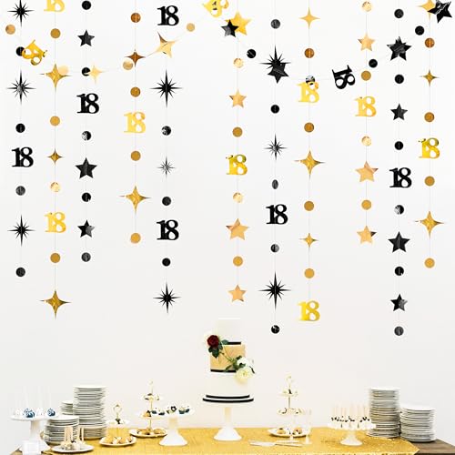 Image of Black Gold 18th Birthday Decorations Number 18 Circle Dot Twinkle Star Garland Streamer Banner Backdrop for Girls Boys Happy 18th Birthday Time to Adult Cheers to 18 Years Old Anniversary Party Deocr