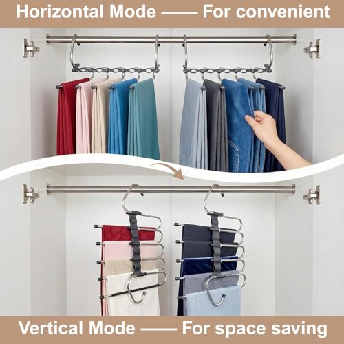 Image of Pants Hangers Space Saving, 5 Tier Jeans Hanger for Closet, Black Multiple Heavy Duty Stainless Steel Pant Rack for Trousers, Legging with 20 Clips (4 Pack)