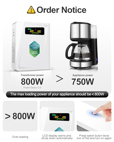 ZHENGXI 120v to 100v Step Down Transformer 1000W Power Voltage Converters, No Noise, Ten Protection Functions,Using Japan Appliances in US