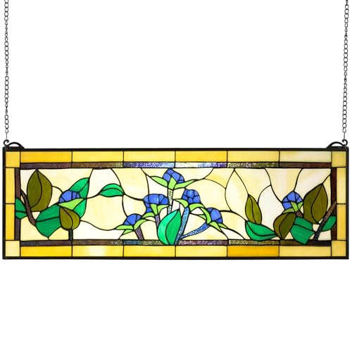 VEVOR Stained Glass Window Panel, 32.0" x 10.0" Tiffany Style Hanging Transom Window Panel with Chain, Large Horizontal Rectangle Stain Glass, Vintage Traditional Art Handcrafts for Kitchen Home Decor by VEVOR - Used condition - US$77.81
