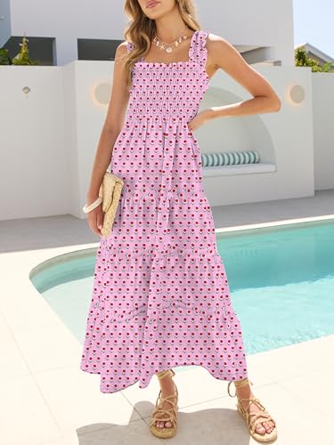Image of Caracilia Womens Summer Maxi Dresses Floral Smocked Sleeveless Ruffle Boho Casual Flowy Aline Beach Vacation Long Sundress