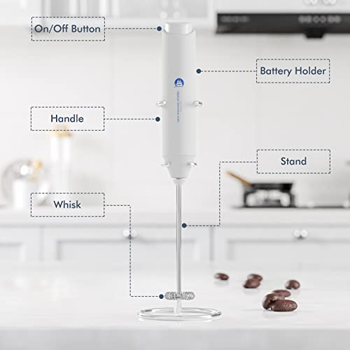 Image of Powerful Milk Frother Handheld Foam Maker, Mini Whisk Drink Mixer for Coffee, Cappuccino, Latte, Matcha, Hot Chocolate, With Stand, White