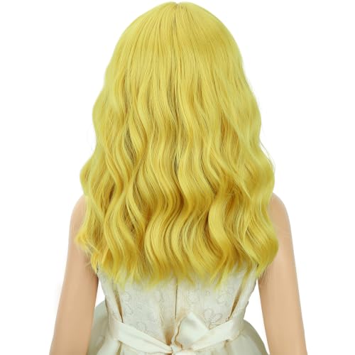 Image of Golden Blonde Wig Short Blonde Wavy Curly Wigs Wig with Air Bangs Synthetic Cosplay Hair Wigs