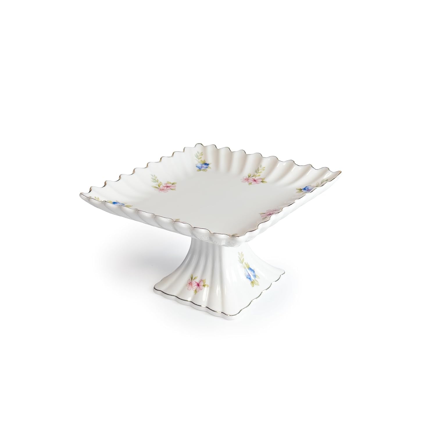 Vintage Floral Ceramic Cake Stand | Premium Porcelain Dessert Serving Stand with Pedestal Base | Square Cake Display Plate for Cakes, Pastries, Cupcakes & Desserts | Floral Ivory Design | Set of 1-image-14