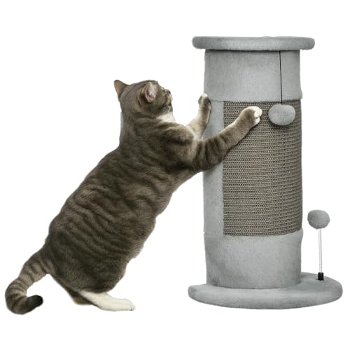 PawHut Poste Rascador para Gatos 58 cm con Sisal y Bolas Colgantes, Arañador 34x25,5x58 cm Gris