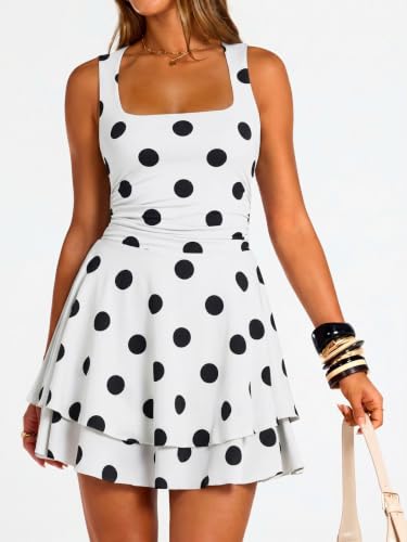 Image of Trendy Queen Women Mini Summer Party Homecoming Beach Vacation Sun Dresses | Birthday Square Neck Flowy Short Sundress, 2026 Cruise Outfits, Athletic Cute Clothes, Date Night Club Resort Wear