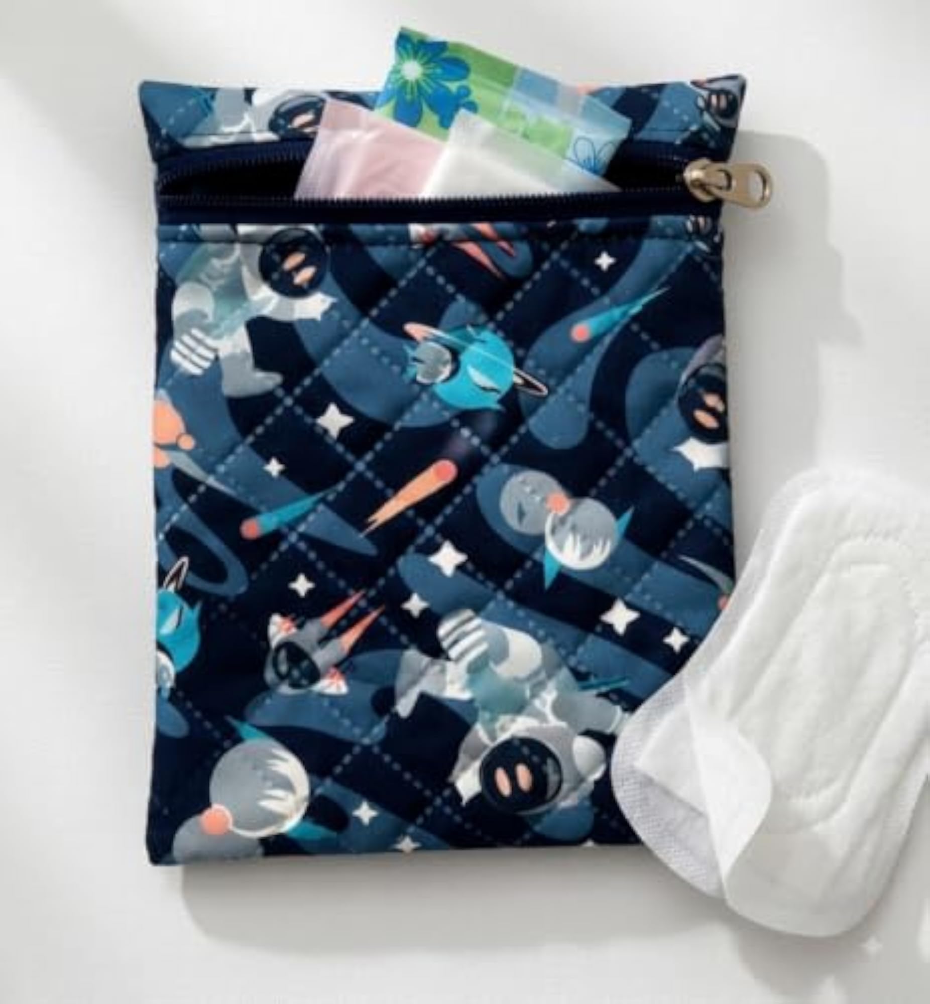Quilted Zipper Pouch Bags, Space Astronaut Print, Set of 3