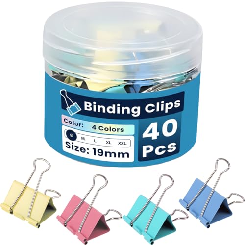 MARKQ Binder Clips Multicolor Durable Metal Paper Clamps | Strong & Reliable Document Holders for Office School Home & Classroom Organization Small 19mm - Pack of 40