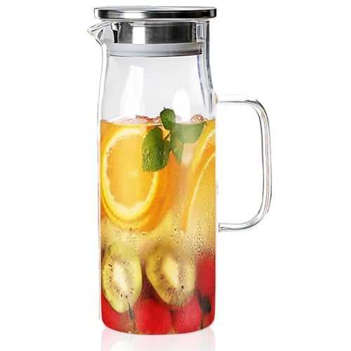 1.5L Glass Pitcher with Lid Heat Resistant Water Jug Juice and Iced Tea Carafe with Handle Borosilicate Glass Bottle Carafes Stove Safe For Hot/Cold Beverages Water Cold Brew Iced Tea Juice