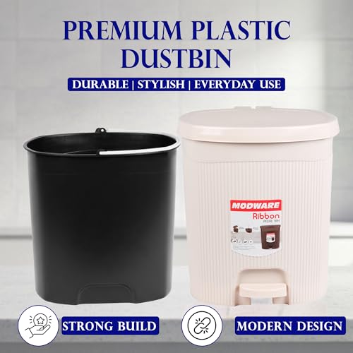 Image of MODWARE Premium Plastic Pedal Dustbin with Removable Bucket, PP Polypropylene, Hands-Free, Grey, for Kitchen, Office, College (Cream)