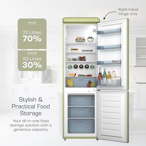 Swan Retro 70/30 Fridge Freezer with 4 Glass Shelves, 3 Freezer Drawers, Salad Crisper, Chrome Wine Rack, Green, SR11020GNE - Image 4