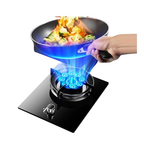 BZJPRFC Cocina De Gas De 1 Quemador, 5,2 KW, 9 Cavidades De Alta Potencia, Quemador Wok con Superficie De Vidrio Y Acero Inoxidable, Kit De Suministro De Gas Natural/GLP(LPG)