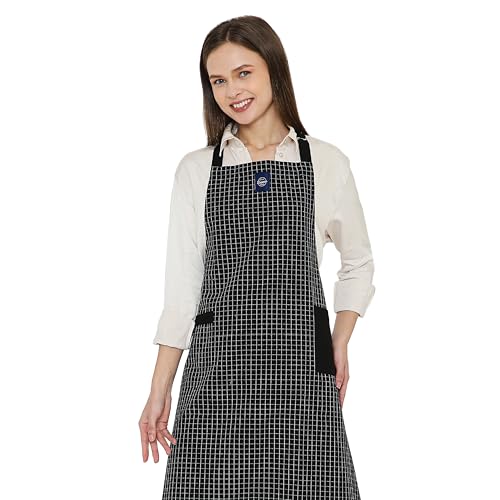 Image of Encasa XO Cotton Cooking kitchen Apron for Women and Men chef apron With adjustable neckstrap, Pocket & Towel Holder for Easy cooking, Baking, BBQ, Gardening- Butcher Checks Black, 68x85 cm