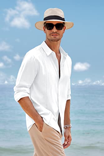 Mens Linen Guayabera Shirt Long Sleeve Casual Button Down Beach Summer Hippie Cuban Plain Shirts Tops White #TOP2