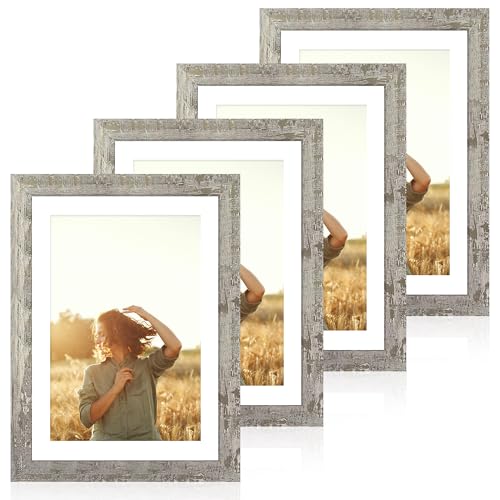 iRahmen 10x14 Picture Frame Set of 4 with Tempered Glass, Distressed Moss Green Frames Display 8x12 Picture with Mat or 10 x 14 Without Mat, Rustic Wood Photo Frames for Wall Mounting
