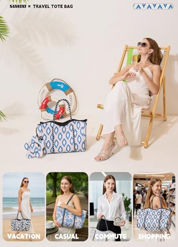 Neoprene Beach Bag for Women & Men, Large Travel Tote Gym & Pool Bag, Detachable Pouch2